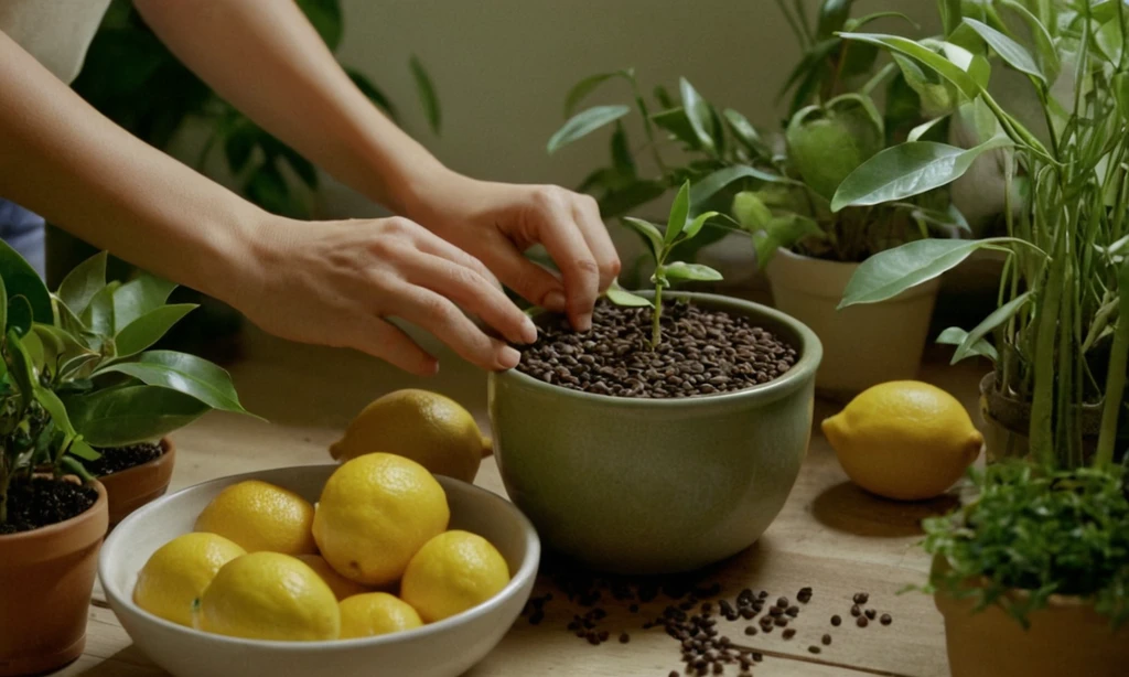 Persona que tiende a una pequeña olla llena de semillas de cítricos