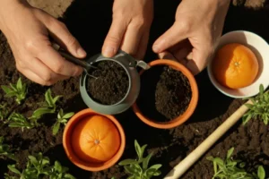 Herramientas para plantar semillas con la imagen de una persona que tiende herramientas de jardín junto a una pequeña olla llena de plántulas naranjas. Nota: Subtítulo inglés añadido para proporcionar contexto: Siga esta guía para cultivar fácilmente sus propias semillas de mandarina en casa.