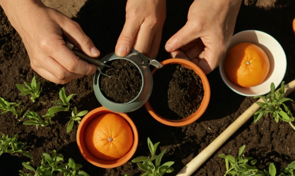 Herramientas para plantar semillas con la imagen de una persona que tiende herramientas de jardín junto a una pequeña olla llena de plántulas naranjas. Nota: Subtítulo inglés añadido para proporcionar contexto: Siga esta guía para cultivar fácilmente sus propias semillas de mandarina en casa.