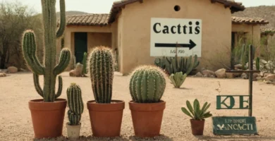 Planta con varias latas de riego junto a un letrero de la casa que muestra el símbolo Key. ¿Para cuándo vas a regar tu cacti? Las señales clave aquí.)