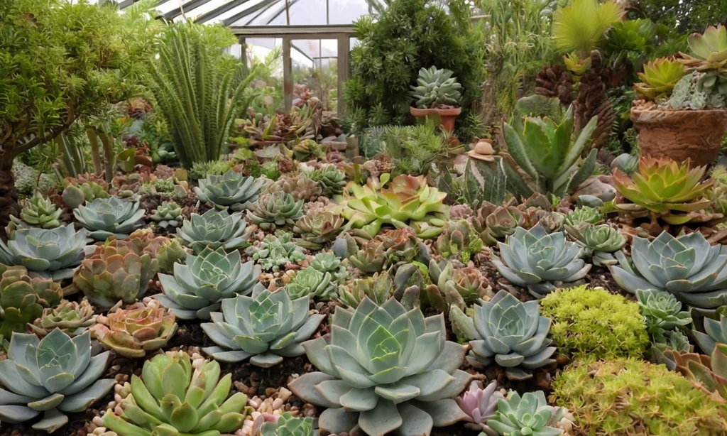 Jardín botánico que muestra varias especies de suculentas en exhibición para coleccionistas