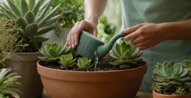 Mujer regar una planta después de recoger un libro de jardinería con consejos sobre cuidar plantas suculentas.