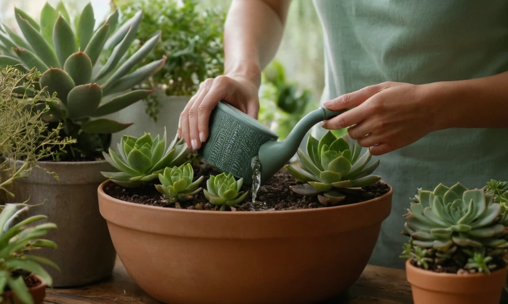 Mujer regar una planta después de recoger un libro de jardinería con consejos sobre cuidar plantas suculentas.