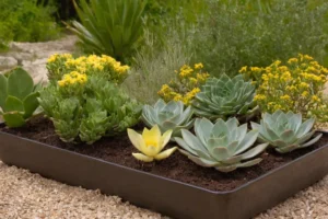 Botellas de agua ligurana con flores y plantas alrededor