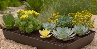 Botellas de agua ligurana con flores y plantas alrededor