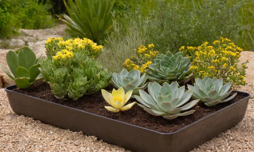 Botellas de agua ligurana con flores y plantas alrededor