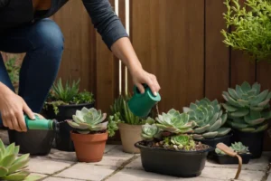 Una persona rápidamente rociando agua en su pequeña planta suculenta mientras se arrodilla junto a ella en un contenedor para uso exterior con herramientas de jardinería cercanas. Este es un contexto urbano y la acción implica que están tratando de abordar los problemas de riego de su configuración de jardín interior / puerta de entrada / exterior (las puertas como plantas de vivienda