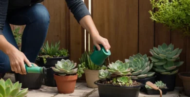 Una persona rápidamente rociando agua en su pequeña planta suculenta mientras se arrodilla junto a ella en un contenedor para uso exterior con herramientas de jardinería cercanas. Este es un contexto urbano y la acción implica que están tratando de abordar los problemas de riego de su configuración de jardín interior / puerta de entrada / exterior (las puertas como plantas de vivienda