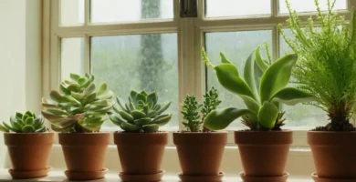 Plantas suculentas con hojas verdes brillantes ondeando en una ventana soleada. El subtítulo se traduce en Tips for Happy Plants: Mejorar el flujo de aire.