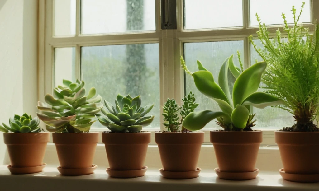 Plantas suculentas con hojas verdes brillantes ondeando en una ventana soleada. El subtítulo se traduce en Tips for Happy Plants: Mejorar el flujo de aire.