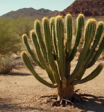 Cactus con brazos rotos mostrando signos sedientos junto a sus raíces.