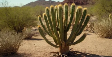 Cactus con brazos rotos mostrando signos sedientos junto a sus raíces.