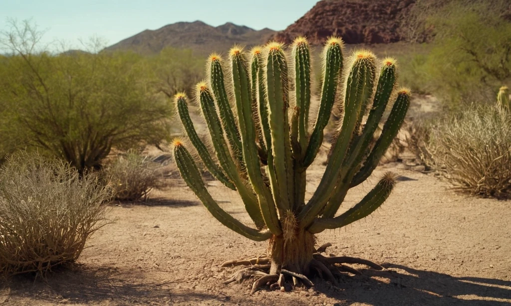 Cactus con brazos rotos mostrando signos sedientos junto a sus raíces.