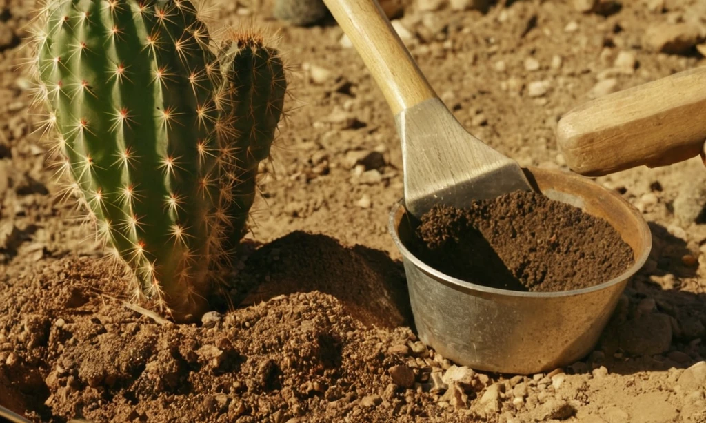 Planta etiquetada Cactus con una herramienta de jardinería que mide sus condiciones de suelo. (español e hipotético).