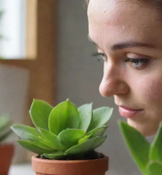 La mujer regar sus plantas mientras mantiene la higiene facial a través de prácticas adecuadas de cuidado de la piel y cuidado de plantas. La leyenda puede ser algo como