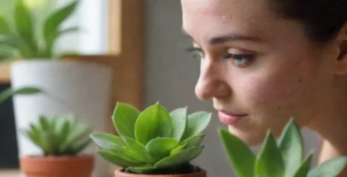 La mujer regar sus plantas mientras mantiene la higiene facial a través de prácticas adecuadas de cuidado de la piel y cuidado de plantas. La leyenda puede ser algo como