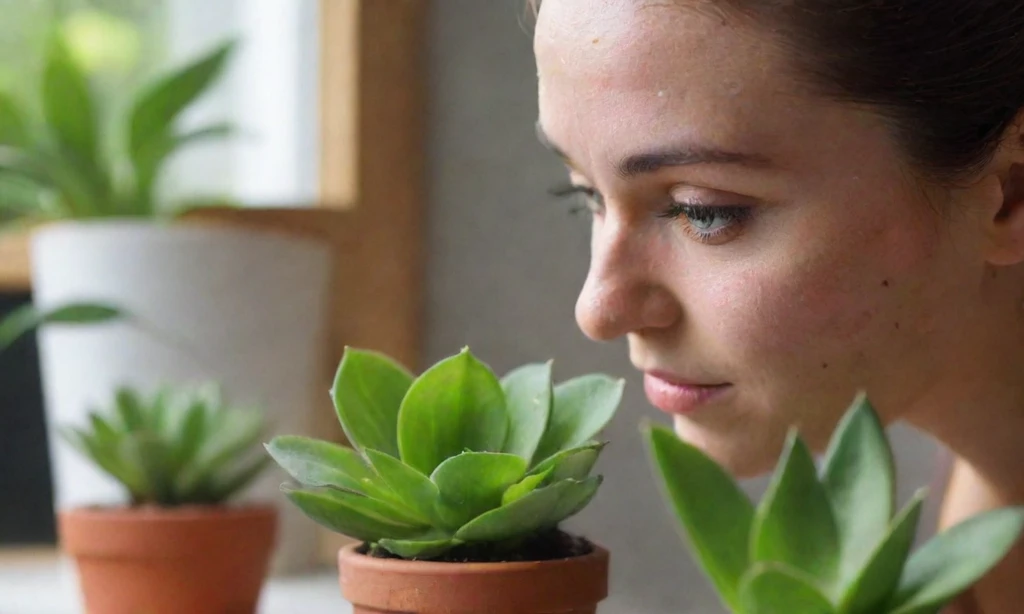 La mujer regar sus plantas mientras mantiene la higiene facial a través de prácticas adecuadas de cuidado de la piel y cuidado de plantas. La leyenda puede ser algo como