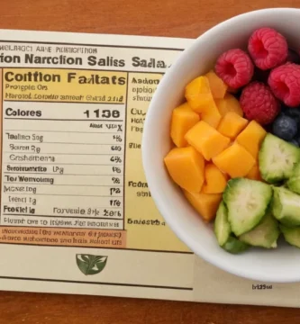 Etiquetas de alimentos con nutrientes clave y tamaño de servicio para una ensalada de fruta saludable. En español (original): Cultive sus plantaetas sanas con una nutrición adecuada. En inglés: Sow your succulents healthily with proper nutrition. En este escenario