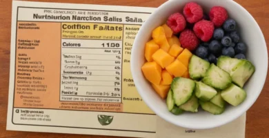 Etiquetas de alimentos con nutrientes clave y tamaño de servicio para una ensalada de fruta saludable. En español (original): Cultive sus plantaetas sanas con una nutrición adecuada. En inglés: Sow your succulents healthily with proper nutrition. En este escenario