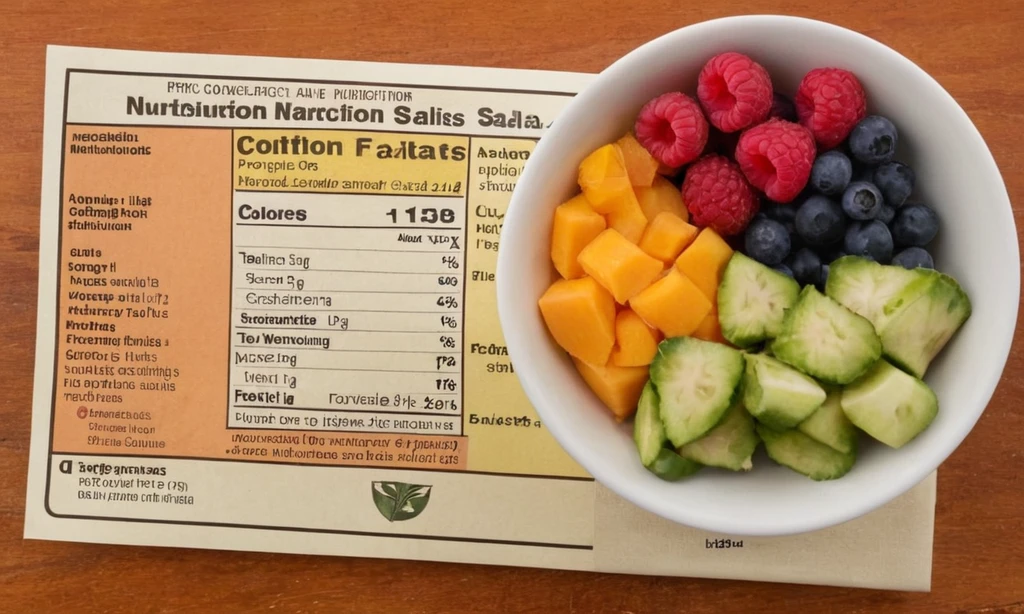 Etiquetas de alimentos con nutrientes clave y tamaño de servicio para una ensalada de fruta saludable. En español (original): Cultive sus plantaetas sanas con una nutrición adecuada. En inglés: Sow your succulents healthily with proper nutrition. En este escenario