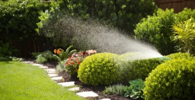 Rociar jabón insecticida y fungicidas en plantas para protegerlos de plagas y enfermedades. Un jardín con varias plantas cercanas está representado.