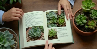 La mujer que examina sus consejos de cuidado de plantas libro al tiempo que enfatiza varias líneas de consejos de salud de plantas. (Traducción: Consejos de perfección para prevenir la prevención del molde blanco en sus suculentas. - Impecables consejos para prevenir manchas blancas en tus suculentas.)