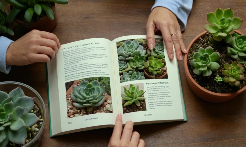 La mujer que examina sus consejos de cuidado de plantas libro al tiempo que enfatiza varias líneas de consejos de salud de plantas. (Traducción: Consejos de perfección para prevenir la prevención del molde blanco en sus suculentas. - Impecables consejos para prevenir manchas blancas en tus suculentas.)