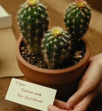 Planificando un cactus en una olla con instrucciones de cuidado escritas en una tarjeta pequeña a su lado. La frase es española y se traduce en Consejos para una fácil y efectiva propagación suculenta.