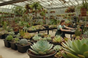 Aficionados al jardín botánico cultivan meticulosamente plantas suculentas rodeadas de etiquetas de plantas y equipos.