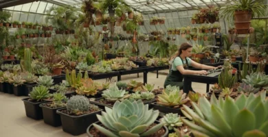 Aficionados al jardín botánico cultivan meticulosamente plantas suculentas rodeadas de etiquetas de plantas y equipos.