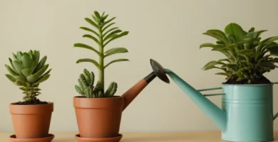 Adoptando una planta de mascotas a mano regañándola con una pequeña lata de riego. En un escritorio cerca hay una vista de cerca de la misma planta