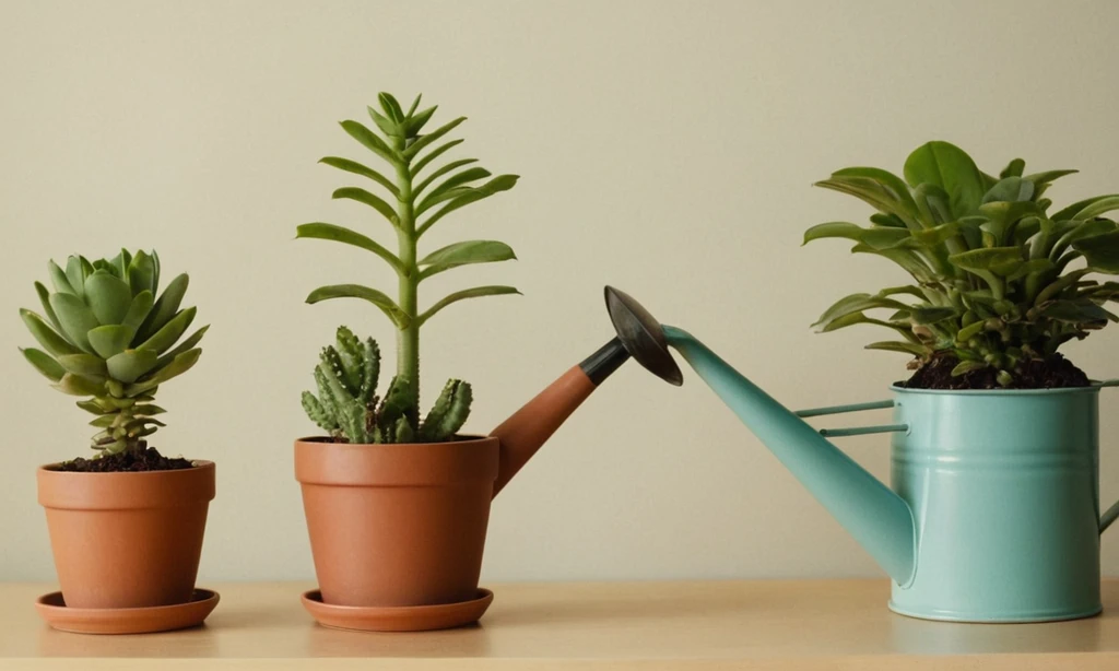 Adoptando una planta de mascotas a mano regañándola con una pequeña lata de riego. En un escritorio cerca hay una vista de cerca de la misma planta