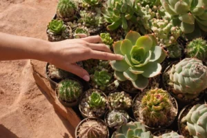 Persona investigando en su teléfono inteligente sobre las diferencias entre suculentas y cactus mientras señala a las plantas en una imagen. Posibles alternativas: S/él aprende que los suculentas almacenan agua