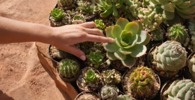 Persona investigando en su teléfono inteligente sobre las diferencias entre suculentas y cactus mientras señala a las plantas en una imagen. Posibles alternativas: S/él aprende que los suculentas almacenan agua