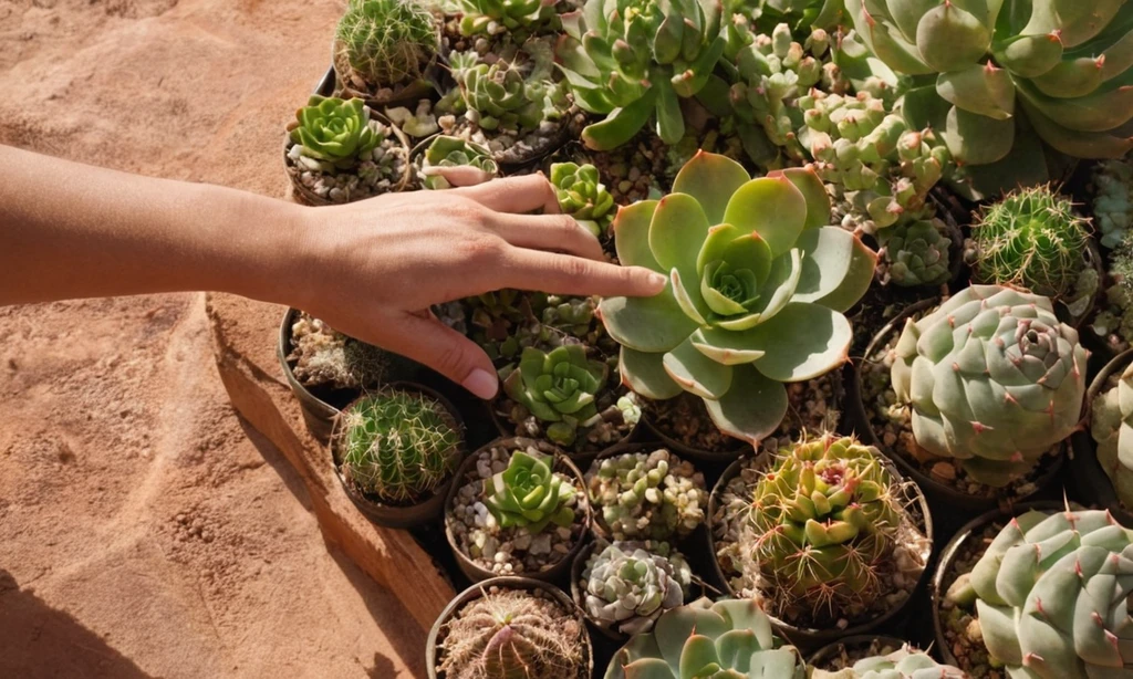 Persona investigando en su teléfono inteligente sobre las diferencias entre suculentas y cactus mientras señala a las plantas en una imagen. Posibles alternativas: S/él aprende que los suculentas almacenan agua