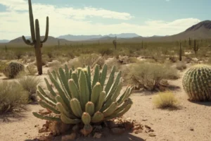 Cactus estirando sus raíces decididamente bajo soleados cielos desérticos