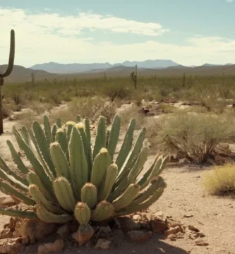 Cactus estirando sus raíces decididamente bajo soleados cielos desérticos