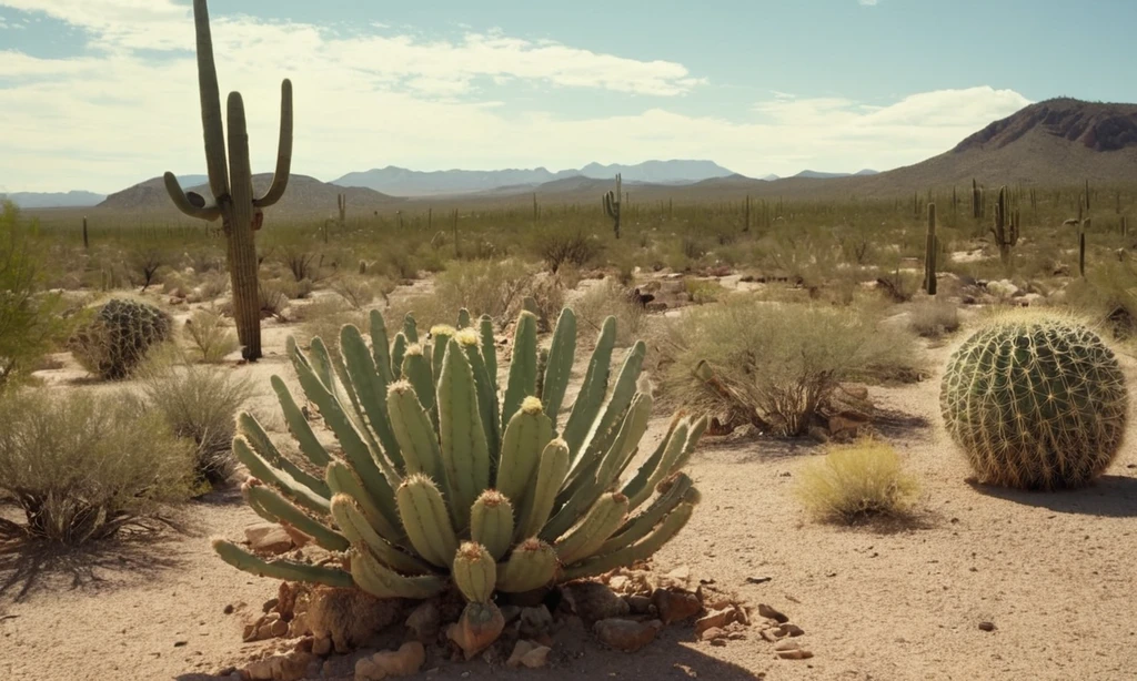 Cactus estirando sus raíces decididamente bajo soleados cielos desérticos