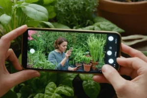 Amplia investigación de ciclos de crecimiento de plantas en su teléfono mientras muestra una captura de pantalla de una herramienta de jardín digital a una cámara.