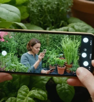 Amplia investigación de ciclos de crecimiento de plantas en su teléfono mientras muestra una captura de pantalla de una herramienta de jardín digital a una cámara.