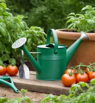 Planta de tomate de color verde con lata de riego y herramientas de jardinería cercanas. En un jardín al aire libre.