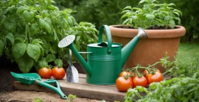 Planta de tomate de color verde con lata de riego y herramientas de jardinería cercanas. En un jardín al aire libre.