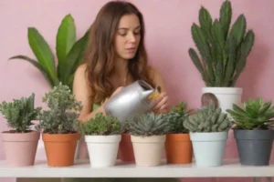 Planificando las plántulas directamente en una cama de jardín con la cámara enmarcando su crecimiento como instrucciones leídas 1. Agua semanal y 2. Ponga el sol completo. Una familia feliz de plantas interiores también aparecen en pantalla.