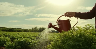 Plantas de riego de la persona utilizando una lata de riego