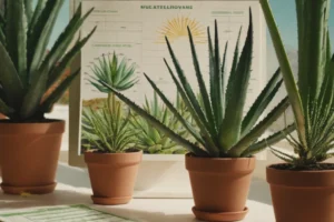 Ilustración de varios tipos de plantas de Aloe que rodean un gráfico de identificación de plantas con una mezcla (enfocada por láser) de flora en el fondo.