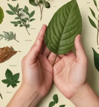 Ilustrada mano que sostiene varios tipos de hojas con ilustraciones botánicas detalladas que la rodean. El texto menciona diversos atributos y orígenes de la hoja. (Esto es simplemente un escenario hipotético ya que la naturaleza del mundo real podría ser bastante compleja).