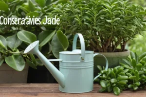 Planta con una lata de riego contra un fondo de hoja verde