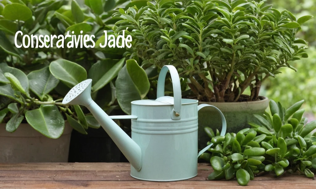 Planta con una lata de riego contra un fondo de hoja verde