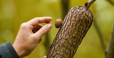 Persona que examina el patrón de pico de madera en un bellota mientras habla español. El texto está en español y se traduce en Cómo reconocer un árbol muerto: Guía práctica y consejos.