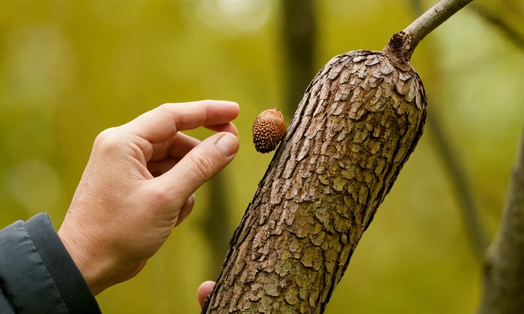 Persona que examina el patrón de pico de madera en un bellota mientras habla español. El texto está en español y se traduce en Cómo reconocer un árbol muerto: Guía práctica y consejos.